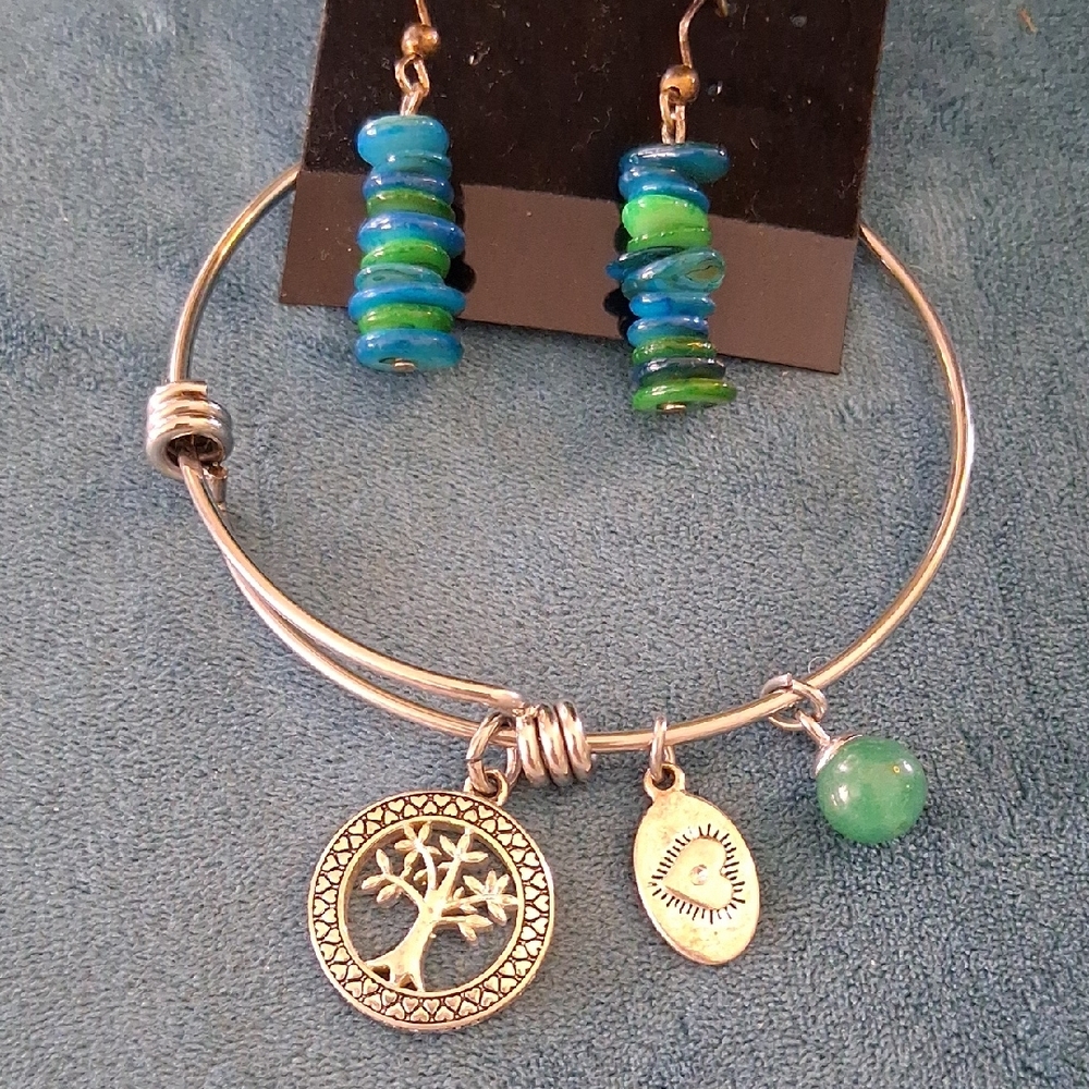 Silver Charm Bangle Bracelet with Green and Blue Glass Bead Stacked Earrings